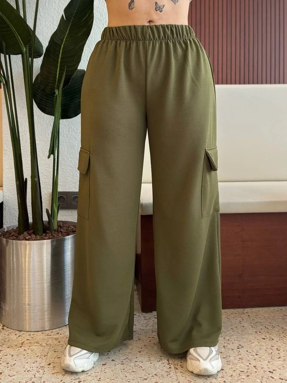  KADIN BÜYÜK BEDEN KARGO CEPLİ BELİ LASTİKLİ ESNEK KREP PANTOLON