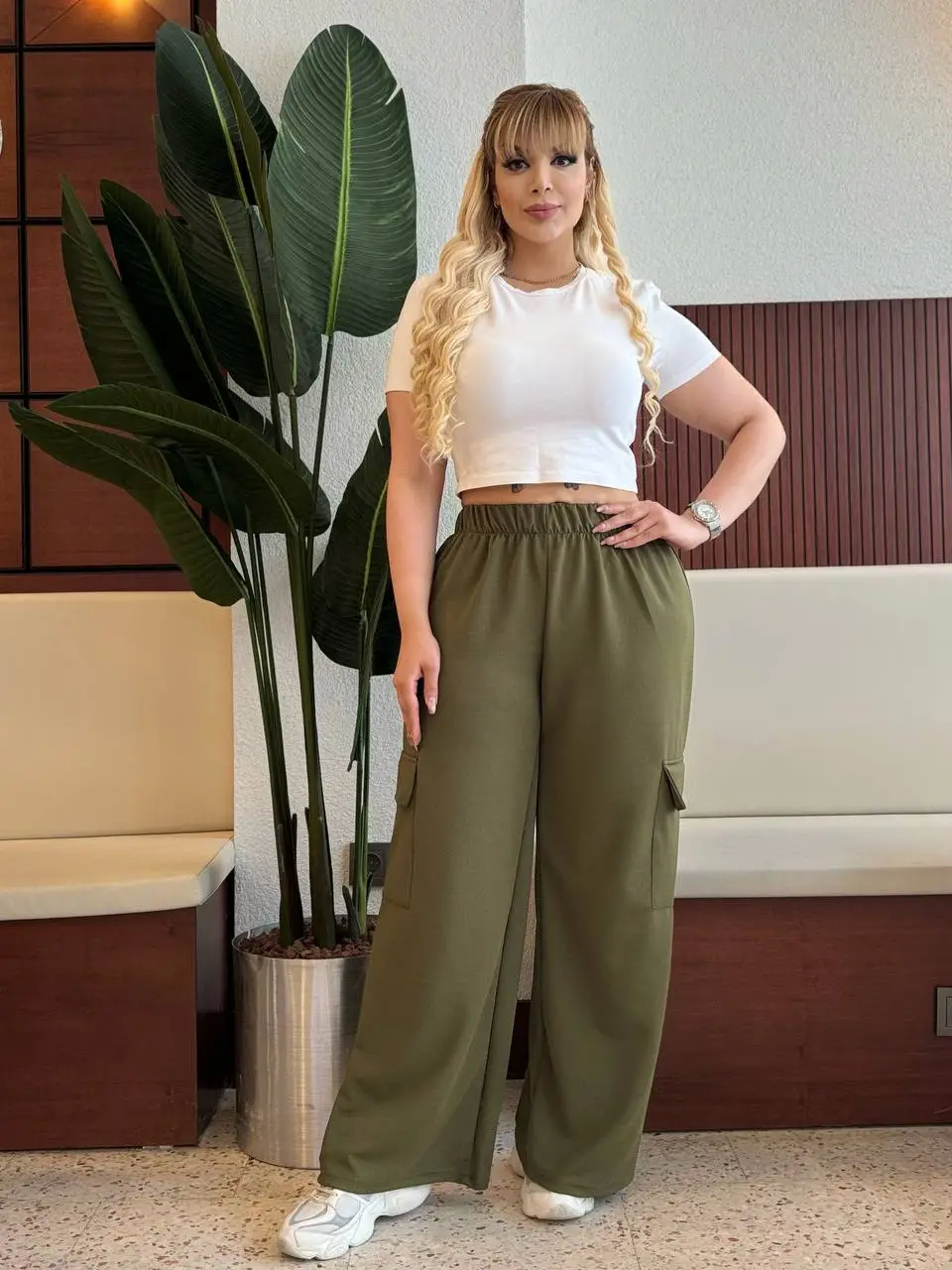  KADIN BÜYÜK BEDEN KARGO CEPLİ BELİ LASTİKLİ ESNEK KREP PANTOLON