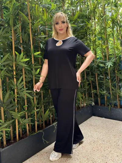 KADIN BÜYÜK BEDEN CEPLİ BİYELİ DAMLA DETAY LİKRALI VİSKON TAKIM