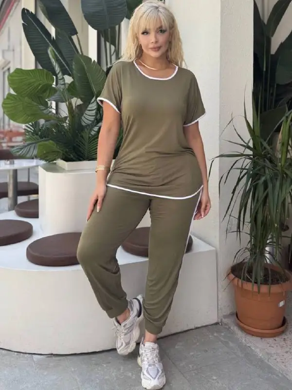 KADIN BÜYÜK BEDEN PAÇA MANŞETLİ CEPLİ BİYE DETAY LİKRALI VİSKON TAKIM