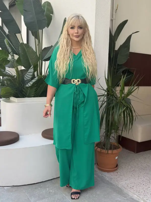 KADIN BÜYÜK BEDEN YIRTMAÇLI V YAKA DETAY DOKUMA JESSİCA TAKIM ( KEMER DAHİL DEĞİL )