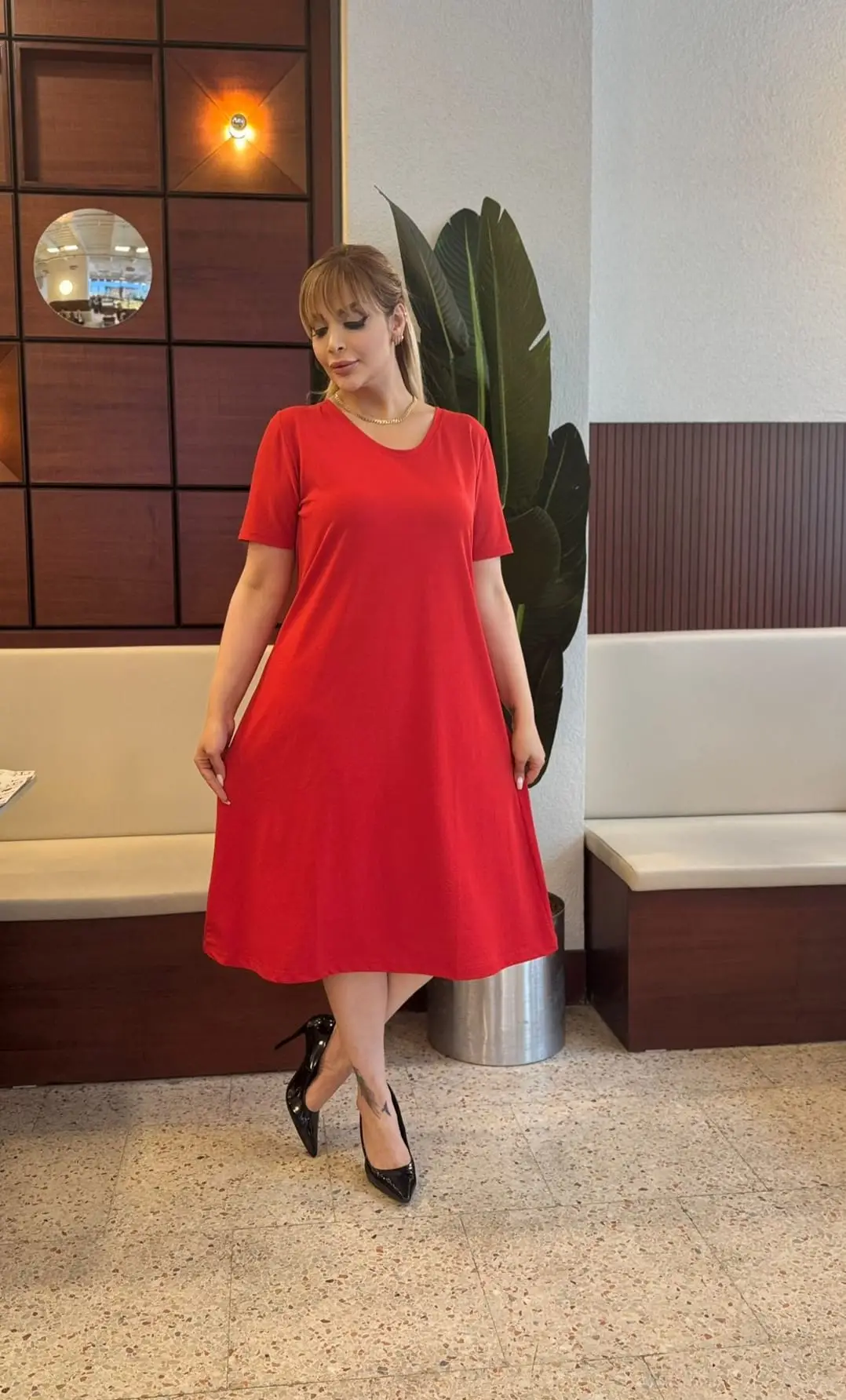 KADIN BÜYÜK BEDEN LİKRALI KREP ELBİSE