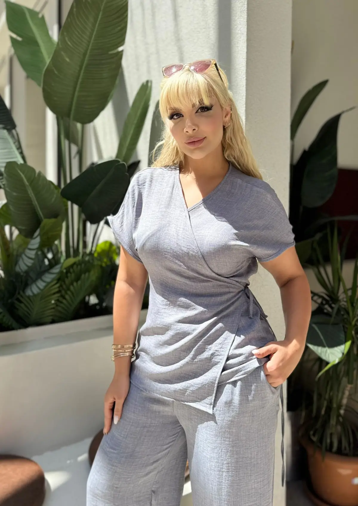 KADIN BÜYÜK BEDEN KRUVAZE BAĞLAMA DETAY DOKUMA SOFİA KETEN TAKIM