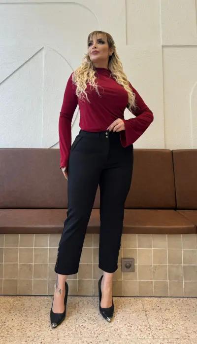  KADIN BÜYÜK BEDEN PAÇA ÇITÇIT DETAY FERMUARLI BİLEK BOY LİKRALI ÇELİK PANTOLON