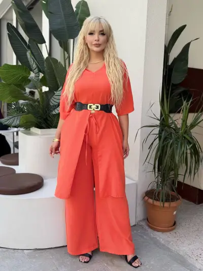 KADIN BÜYÜK BEDEN YIRTMAÇLI V YAKA DETAY DOKUMA JESSİCA TAKIM ( KEMER DAHİL DEĞİL )