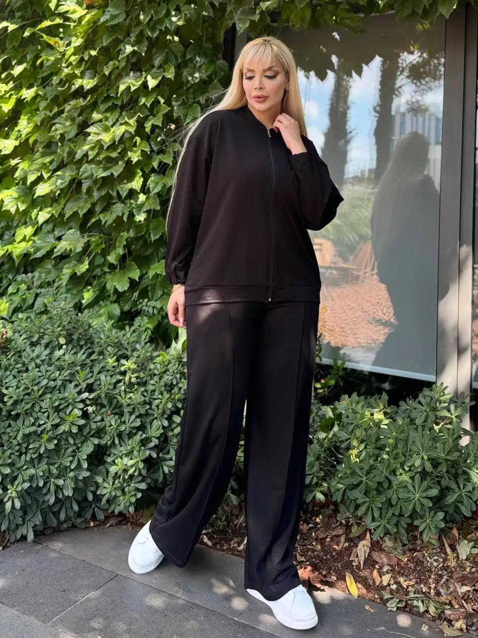 KADIN BÜYÜK BEDEN HAKİM YAKA FERMUARLI LİKRALI KRİSTAL İKİ İPLİK TAKIM