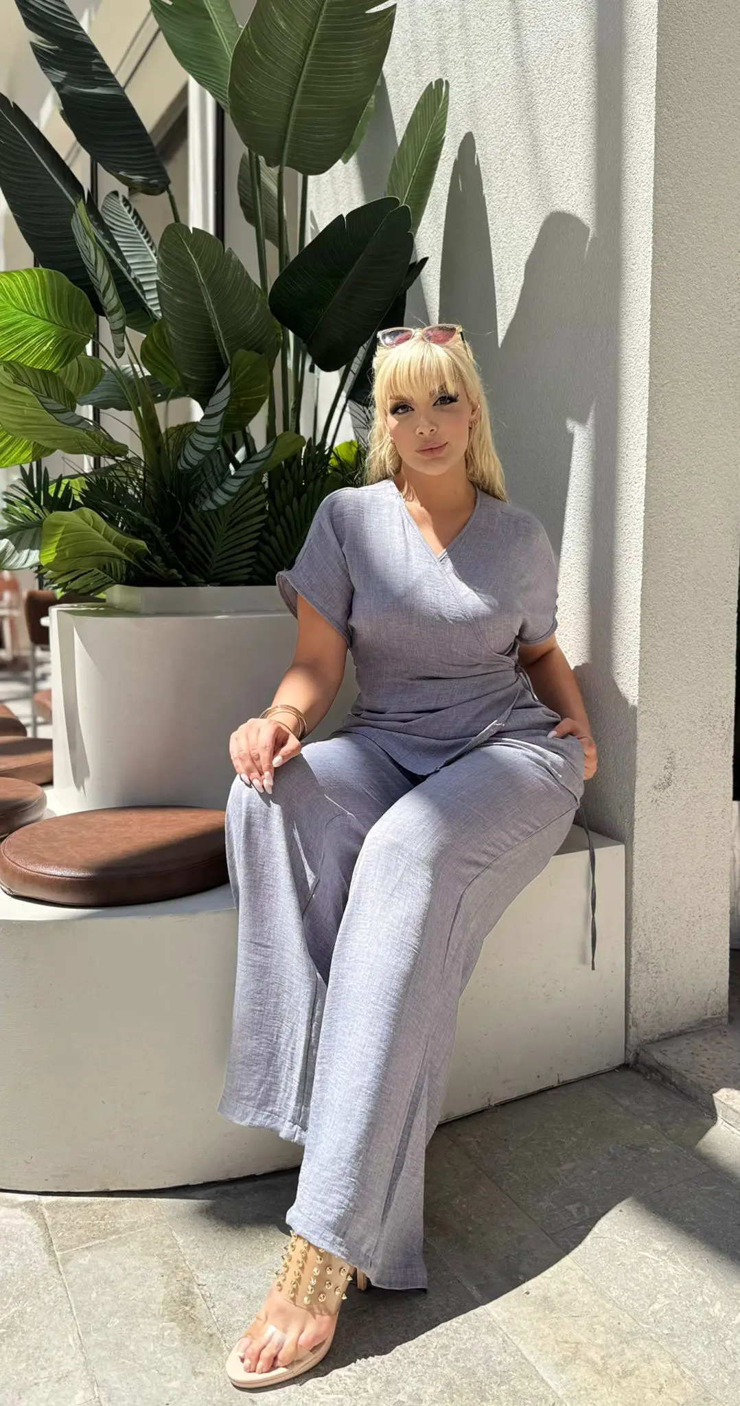 KADIN BÜYÜK BEDEN KRUVAZE BAĞLAMA DETAY DOKUMA SOFİA KETEN TAKIM