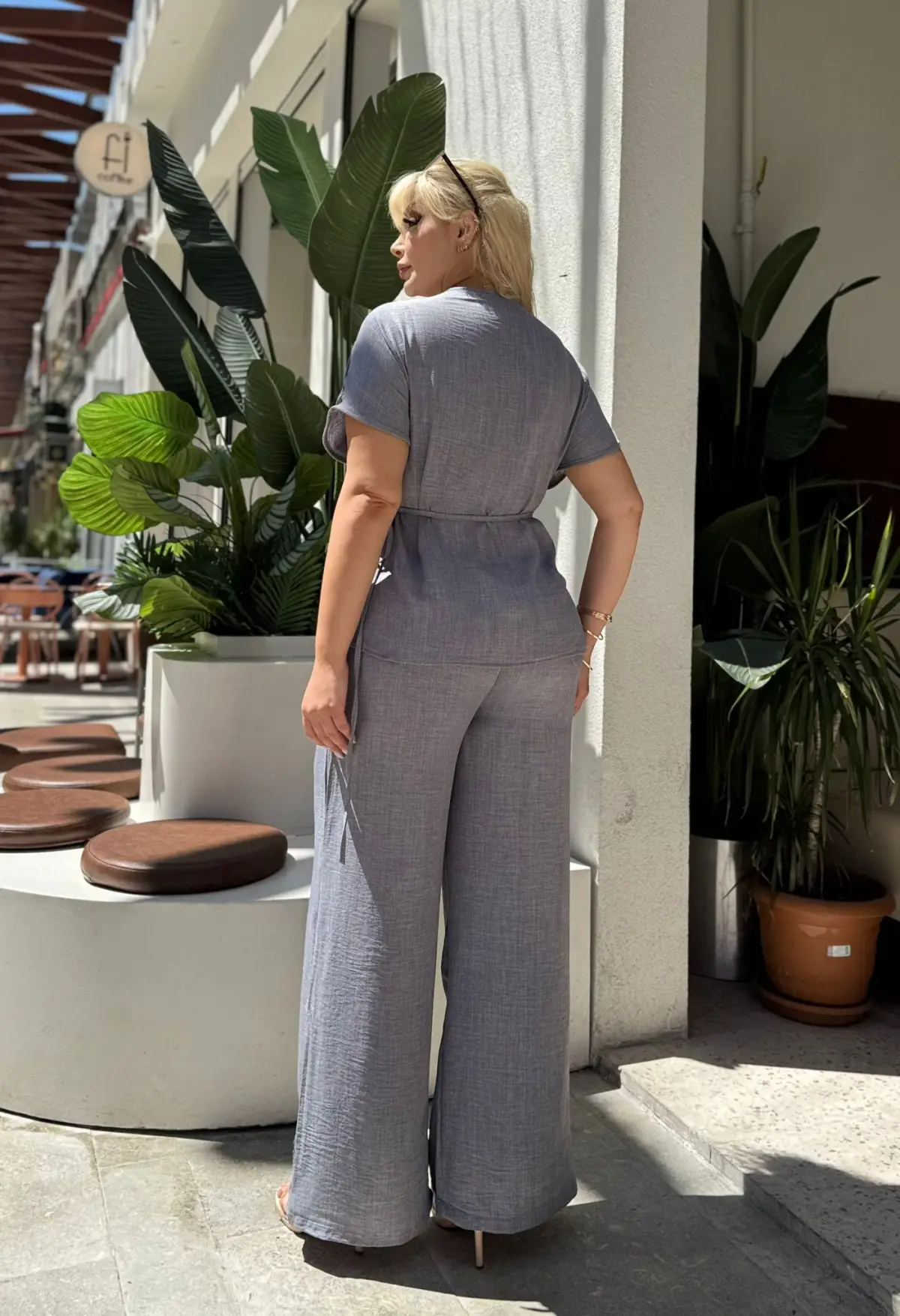 KADIN BÜYÜK BEDEN KRUVAZE BAĞLAMA DETAY DOKUMA SOFİA KETEN TAKIM