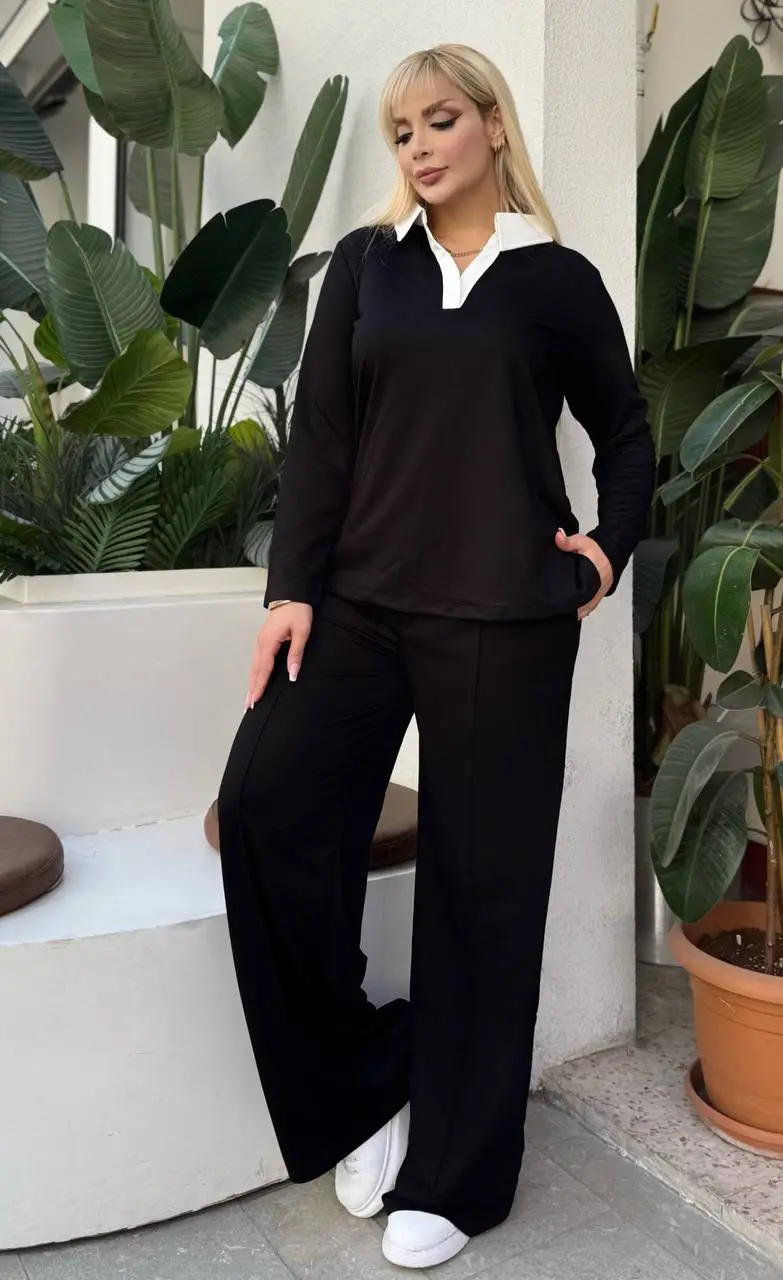 KADIN BÜYÜK BEDEN GÖMLEK YAKA DETAY LİKRALI KRİSTAL İKİ İPLİK TAKIM