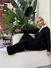 KADIN BÜYÜK BEDEN GÖMLEK YAKA DETAY LİKRALI KRİSTAL İKİ İPLİK TAKIM