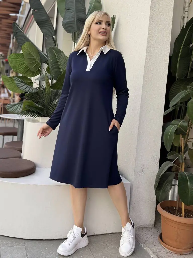 KADIN BÜYÜK BEDEN GÖMLEK YAKA GİZLİ CEP DETAY LİKRALI KRİSTAL İKİ İPLİK ELBİSE