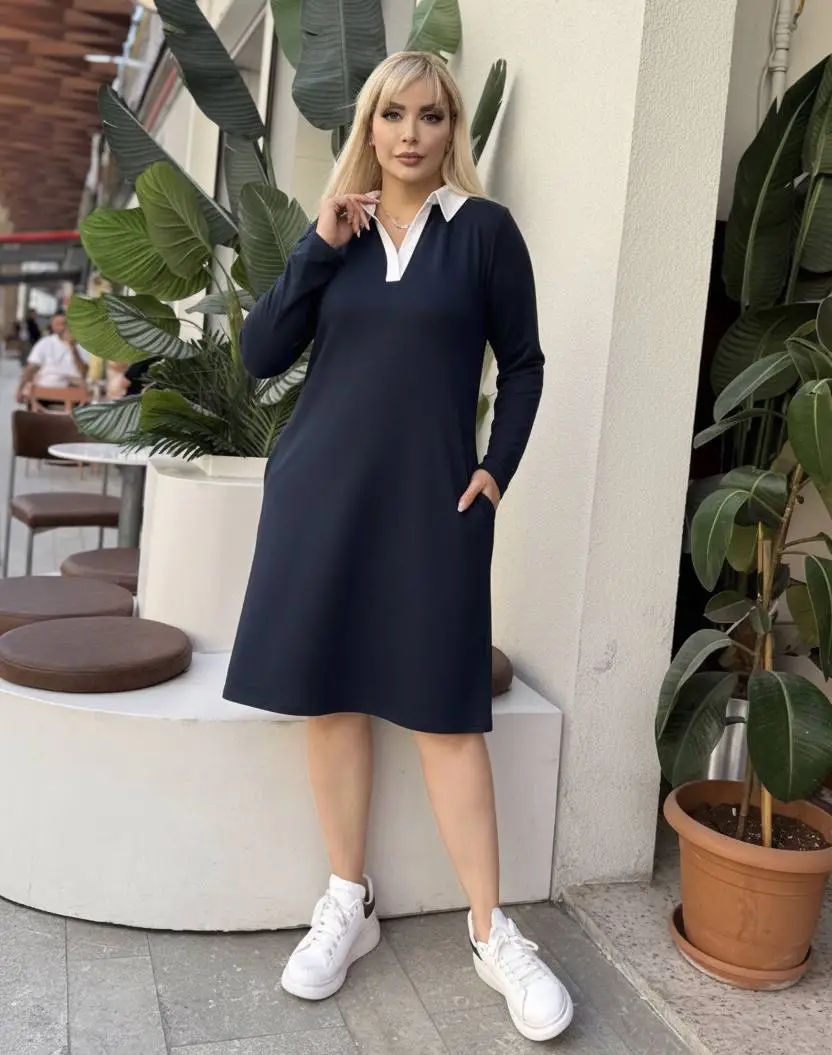 KADIN BÜYÜK BEDEN GÖMLEK YAKA GİZLİ CEP DETAY LİKRALI KRİSTAL İKİ İPLİK ELBİSE