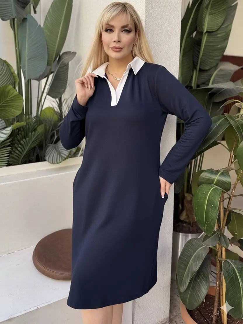 KADIN BÜYÜK BEDEN GÖMLEK YAKA GİZLİ CEP DETAY LİKRALI KRİSTAL İKİ İPLİK ELBİSE