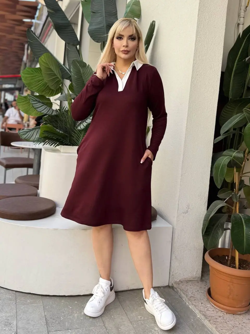 KADIN BÜYÜK BEDEN GÖMLEK YAKA GİZLİ CEP DETAY LİKRALI KRİSTAL İKİ İPLİK ELBİSE