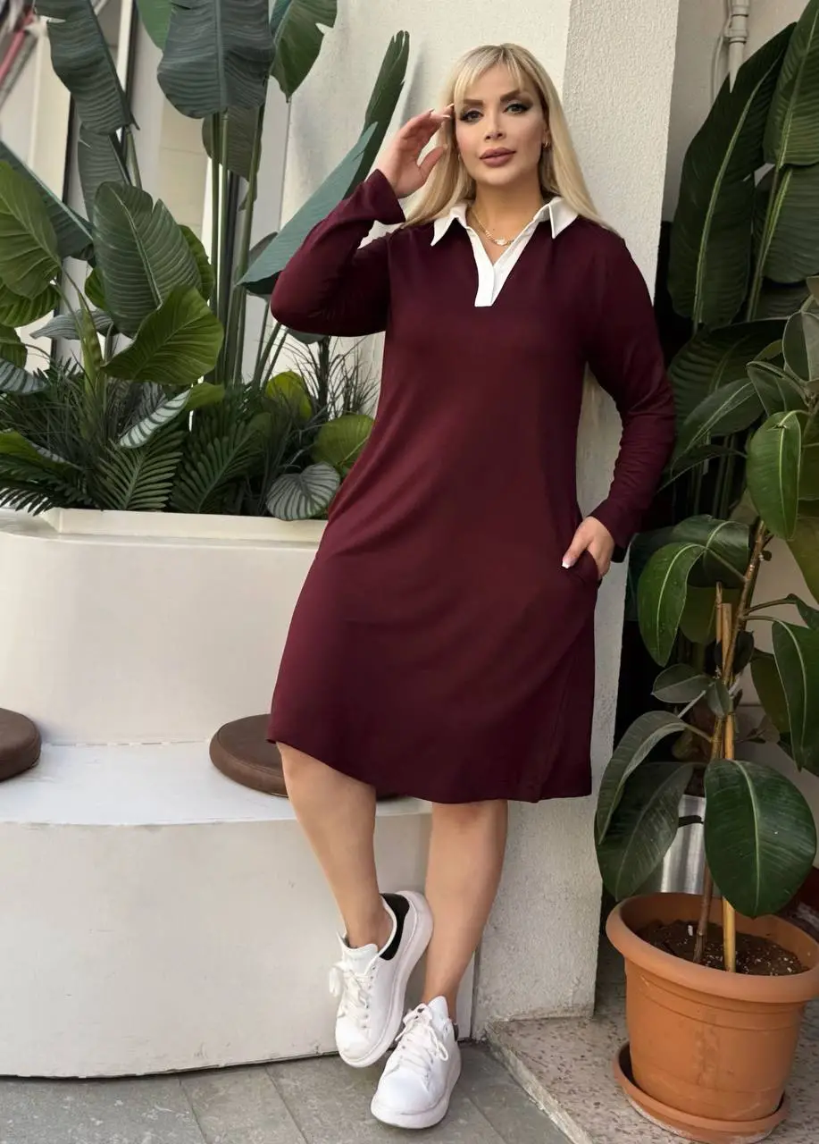 KADIN BÜYÜK BEDEN GÖMLEK YAKA GİZLİ CEP DETAY LİKRALI KRİSTAL İKİ İPLİK ELBİSE