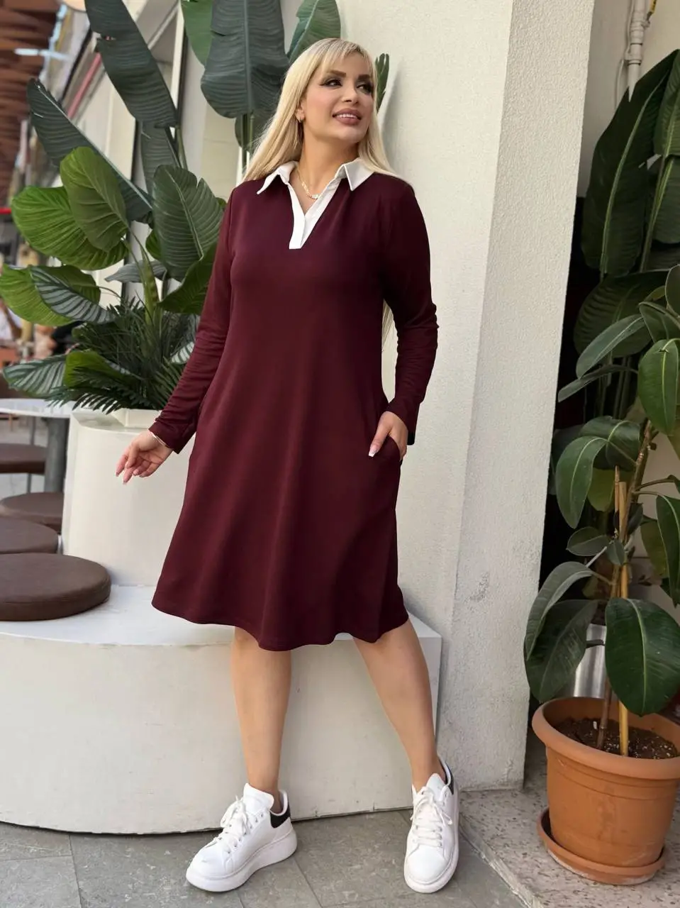 KADIN BÜYÜK BEDEN GÖMLEK YAKA GİZLİ CEP DETAY LİKRALI KRİSTAL İKİ İPLİK ELBİSE