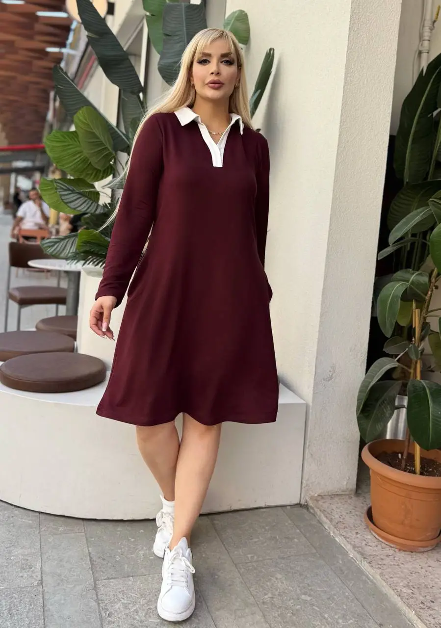 KADIN BÜYÜK BEDEN GÖMLEK YAKA GİZLİ CEP DETAY LİKRALI KRİSTAL İKİ İPLİK ELBİSE