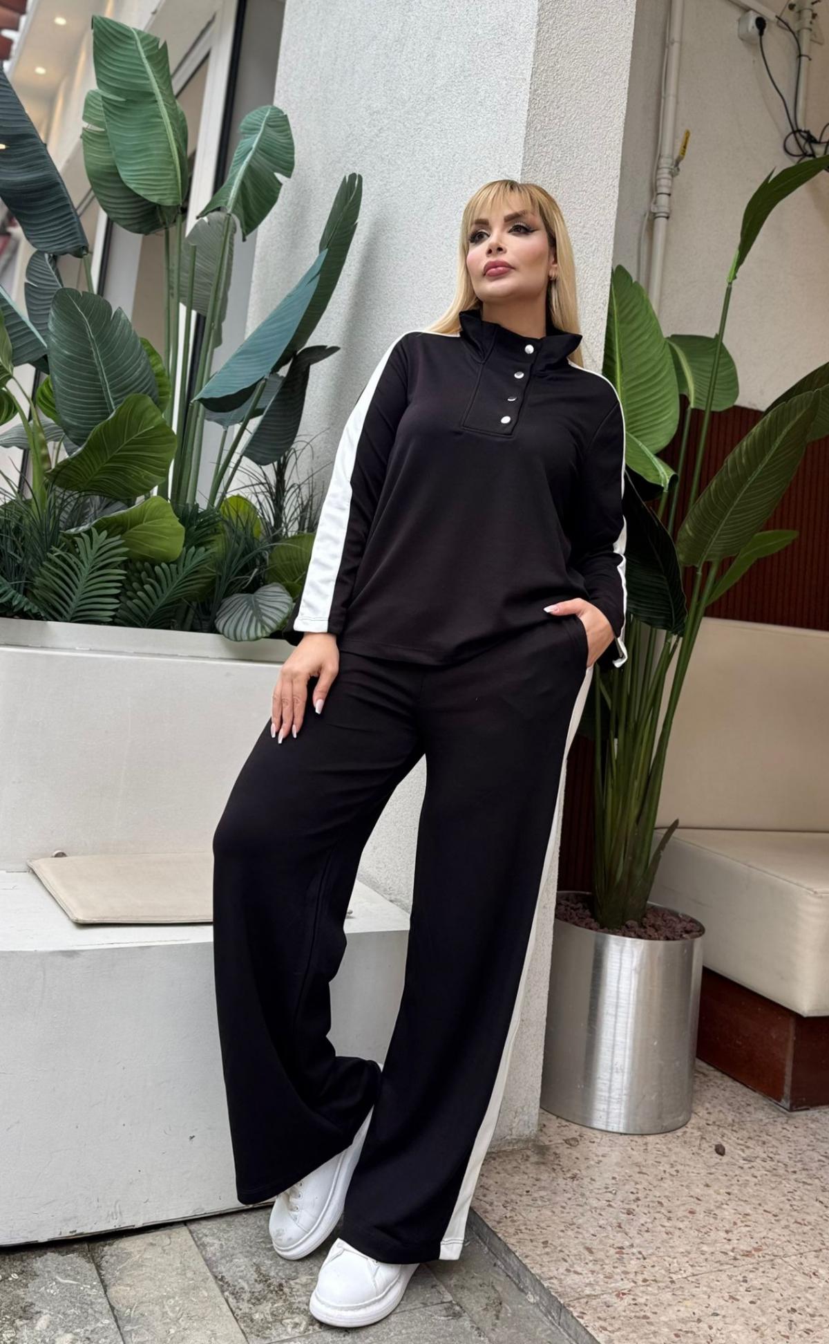 KADIN BÜYÜK BEDEN ÇITÇITLI DEVRİK YAKA LİKRALI OYSHO KUMAŞ TAKIM