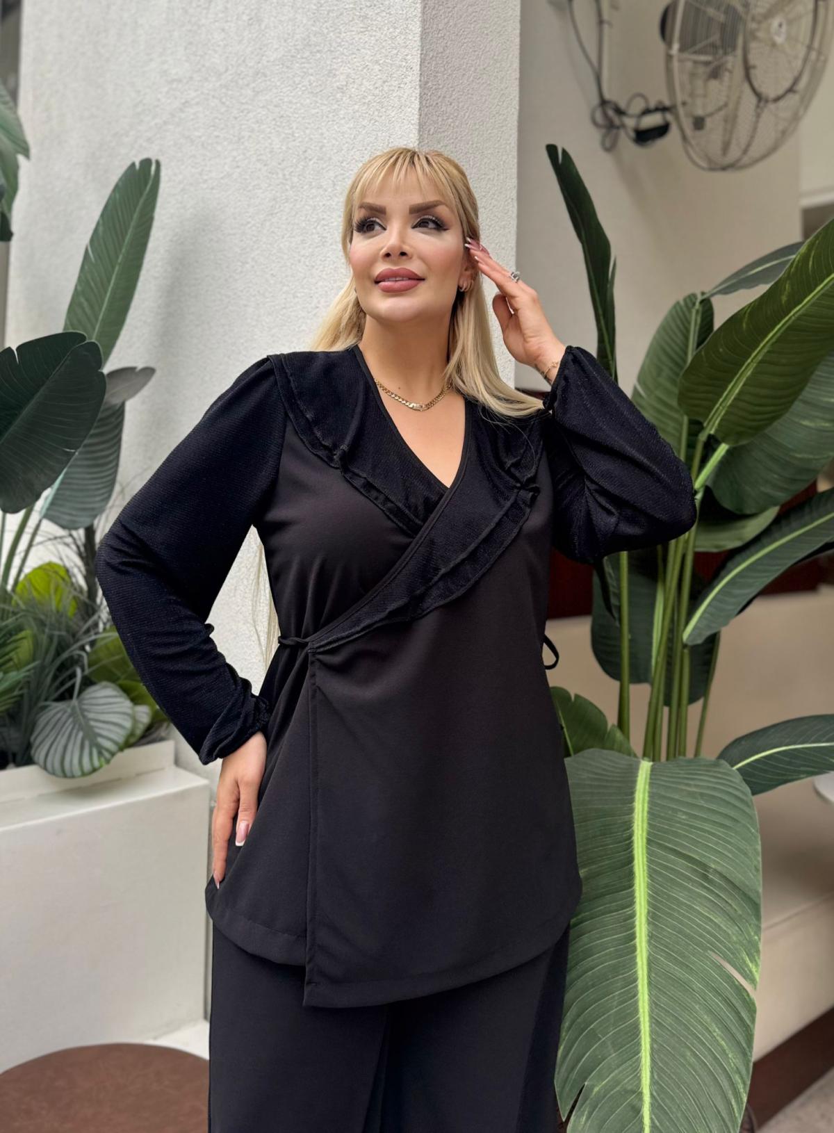  KADIN BÜYÜK BEDEN KRUVAZE BAĞLAMALI YAKA, CEPLİ BOL PAÇA LİKRALI SCUBA KREP ABİYE TAKIM