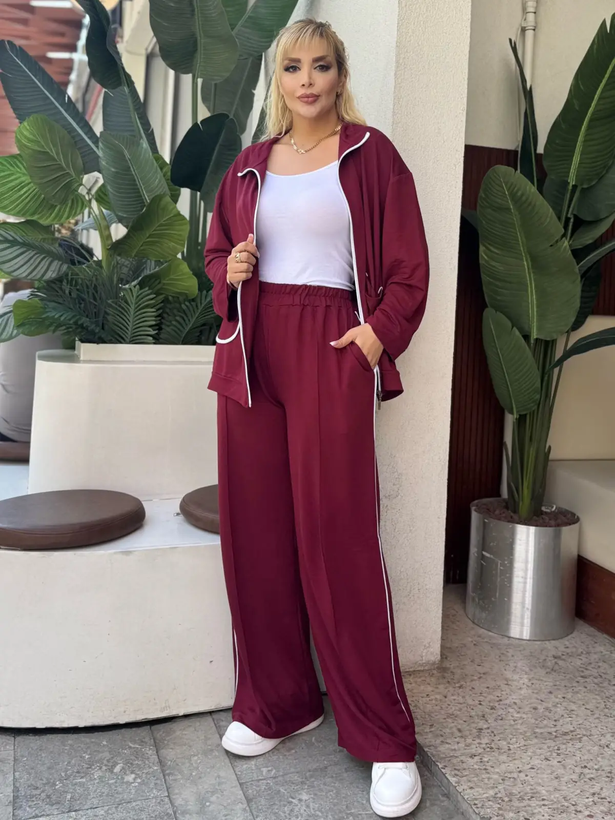 KADIN BÜYÜK BEDEN BEYAZ BİYE DETAY LİKRALI KRİSTAL İKİ İPLİK TAKIM