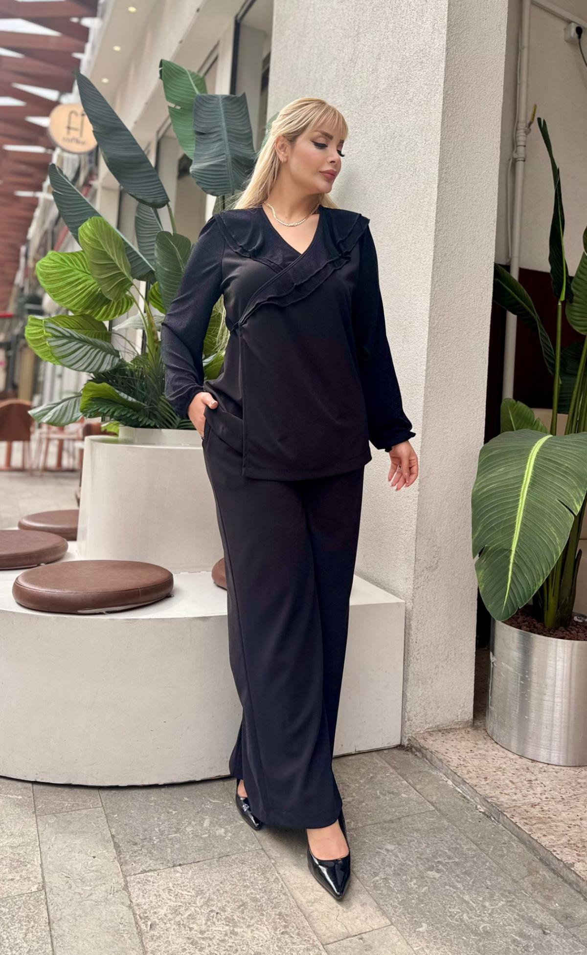  KADIN BÜYÜK BEDEN KRUVAZE BAĞLAMALI YAKA, CEPLİ BOL PAÇA LİKRALI SCUBA KREP ABİYE TAKIM