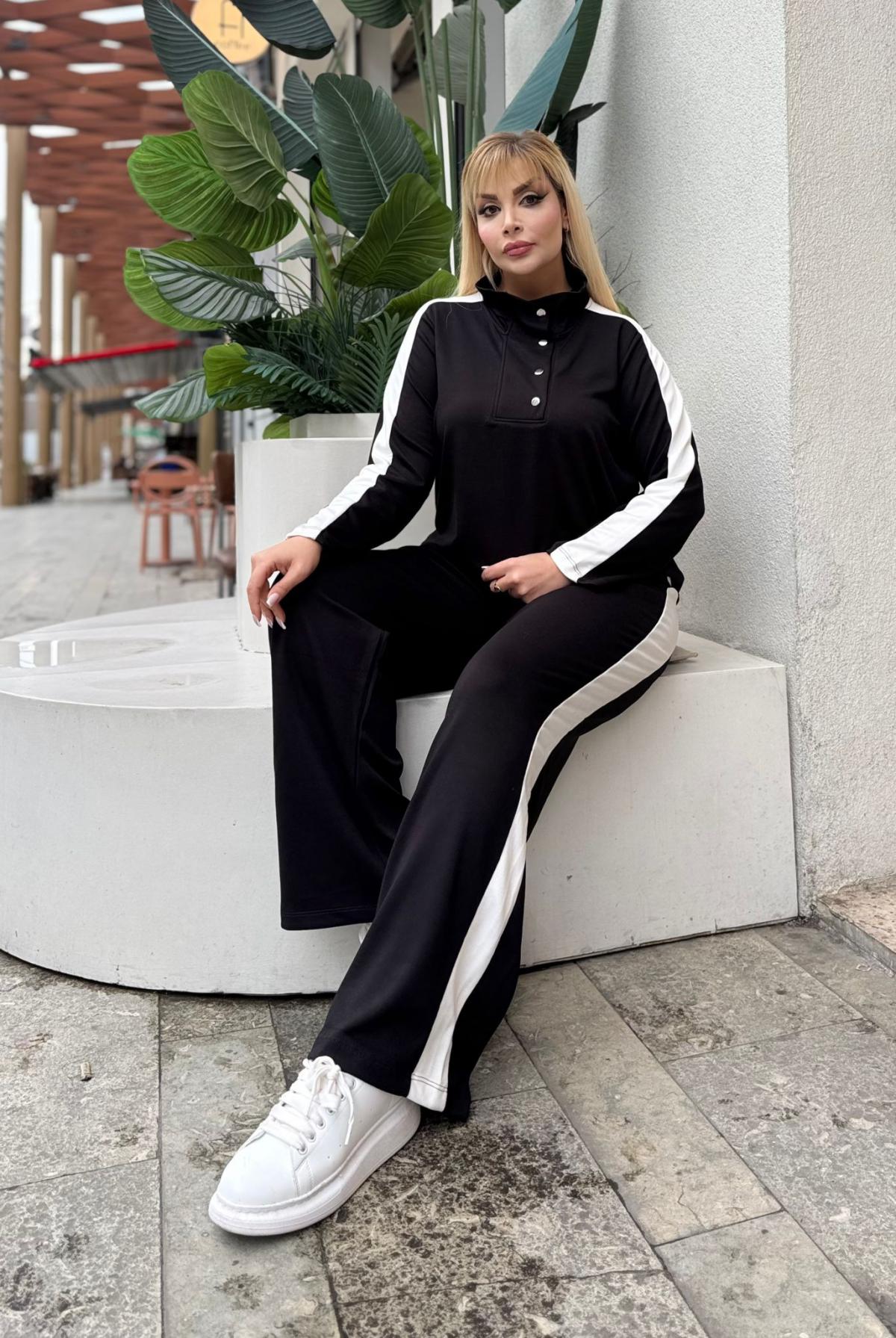 KADIN BÜYÜK BEDEN ÇITÇITLI DEVRİK YAKA LİKRALI OYSHO KUMAŞ TAKIM