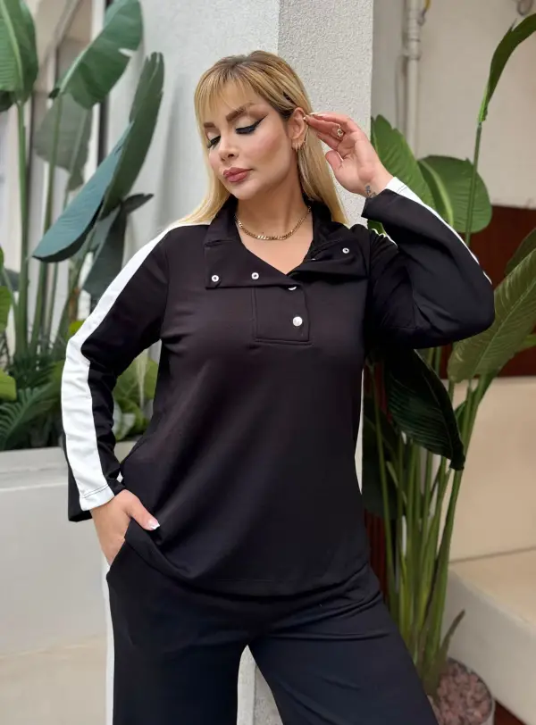 KADIN BÜYÜK BEDEN ÇITÇITLI DEVRİK YAKA LİKRALI OYSHO KUMAŞ TAKIM