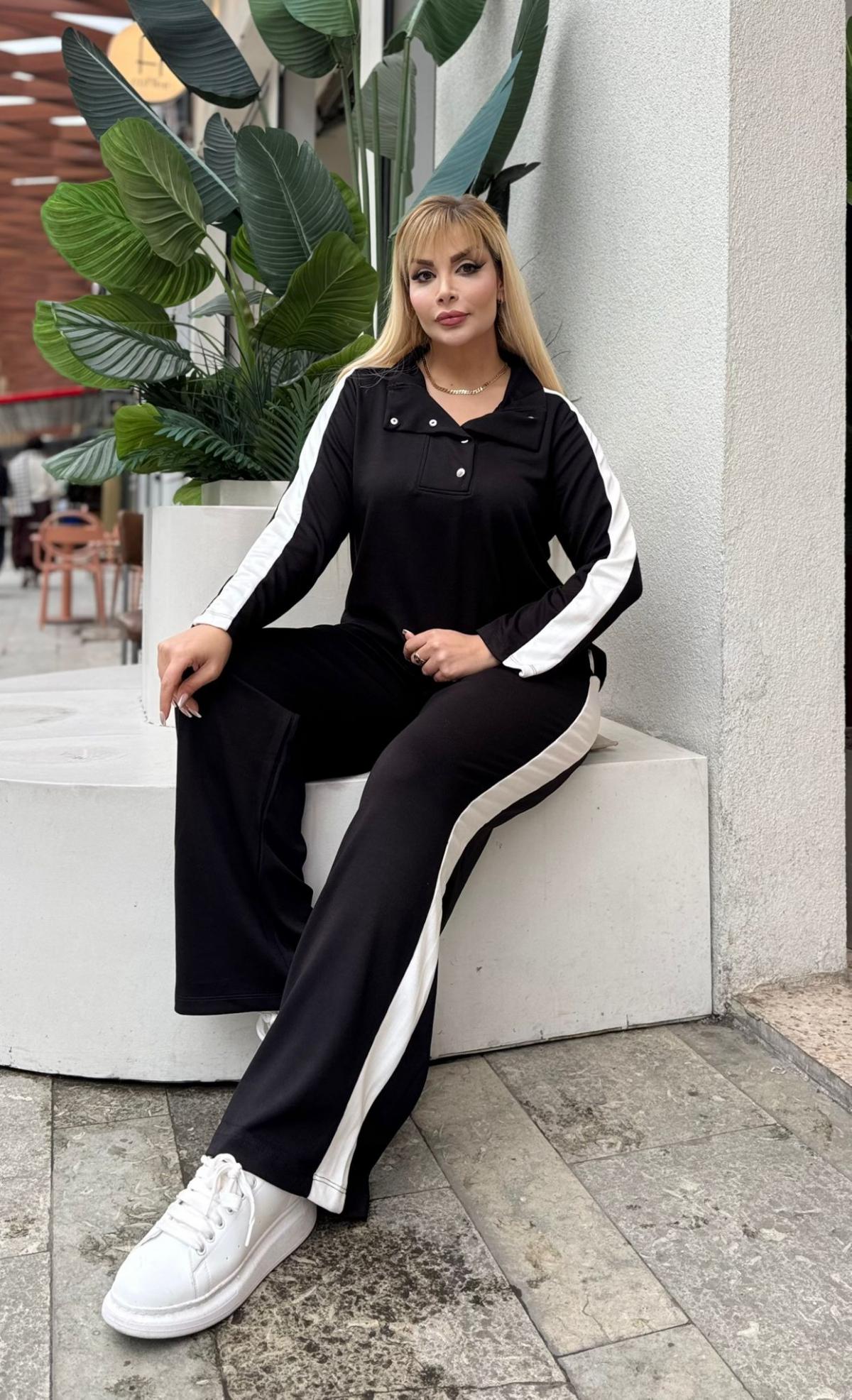 KADIN BÜYÜK BEDEN ÇITÇITLI DEVRİK YAKA LİKRALI OYSHO KUMAŞ TAKIM