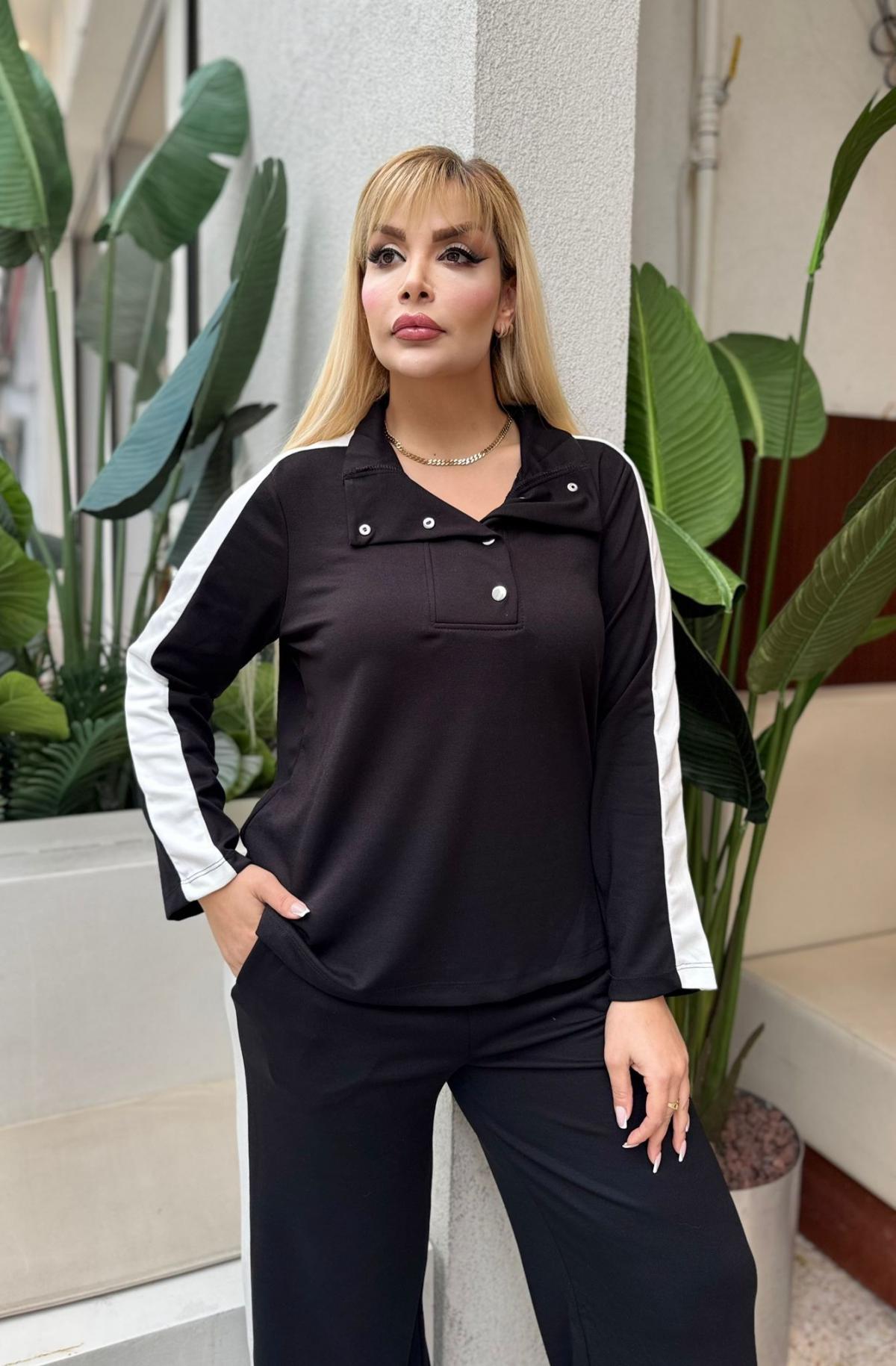 KADIN BÜYÜK BEDEN ÇITÇITLI DEVRİK YAKA LİKRALI OYSHO KUMAŞ TAKIM