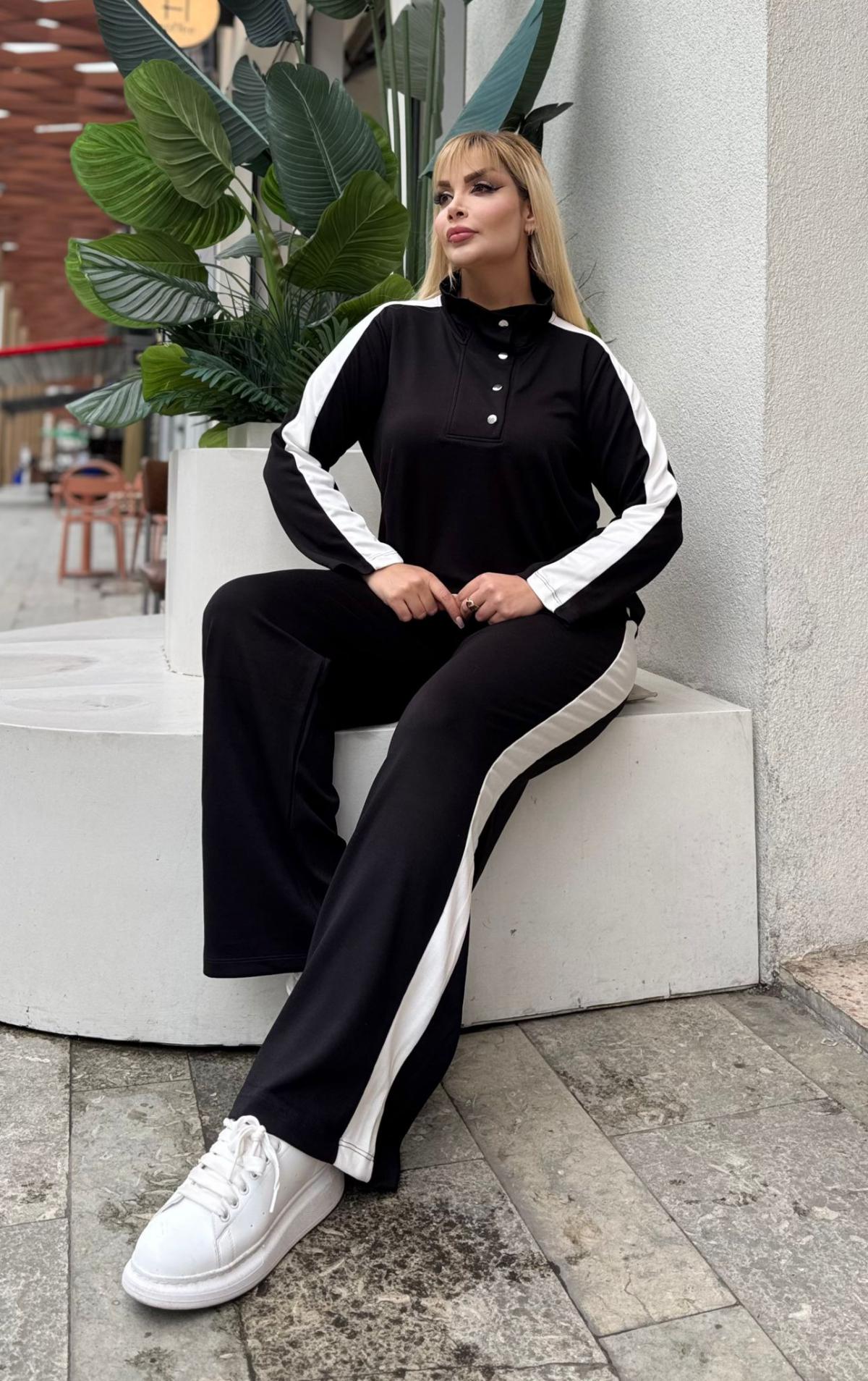 KADIN BÜYÜK BEDEN ÇITÇITLI DEVRİK YAKA LİKRALI OYSHO KUMAŞ TAKIM