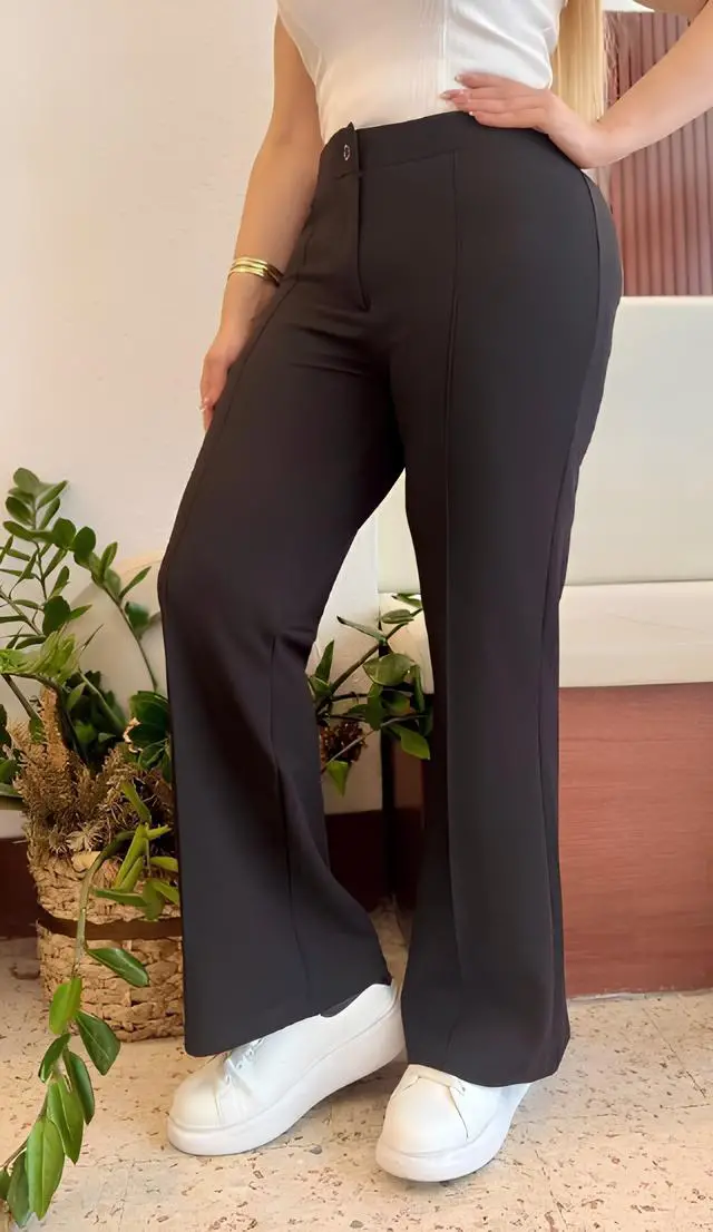  KADIN BÜYÜK BEDEN FERMUARLI ÜTÜ ÇİZGİLİ LİKRALI İSPANYOL PAÇA PANTOLON