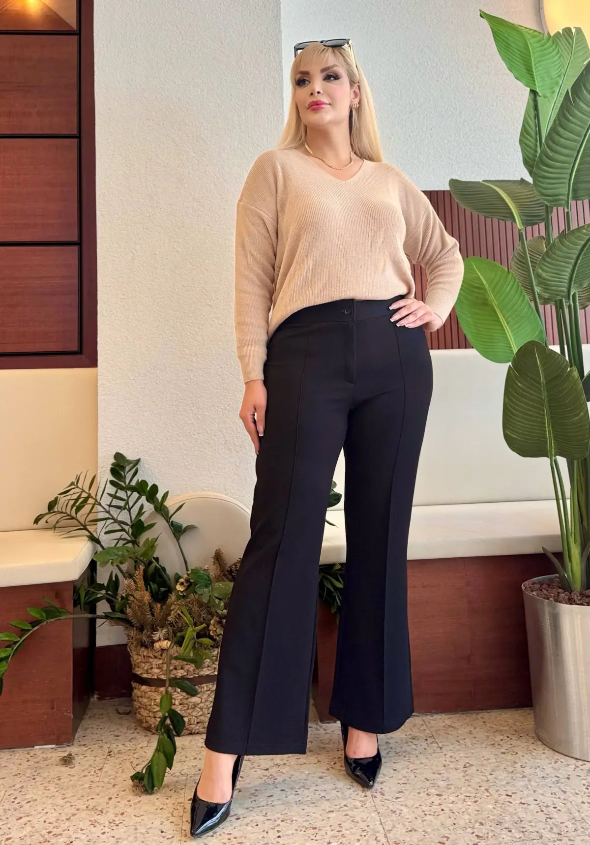  KADIN BÜYÜK BEDEN FERMUARLI ÜTÜ ÇİZGİLİ LİKRALI İSPANYOL PAÇA PANTOLON