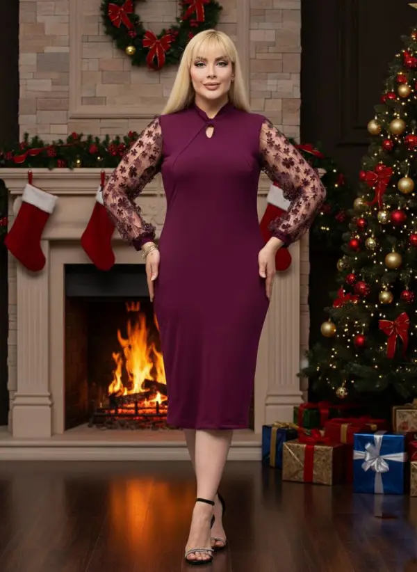 KADIN BÜYÜK BEDEN ÇİÇEKLİ TÜL KOL ESNEK SANDY ABİYE ELBİSE