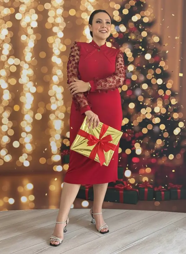 KADIN BÜYÜK BEDEN ÇİÇEKLİ TÜL KOL ESNEK SANDY ABİYE ELBİSE