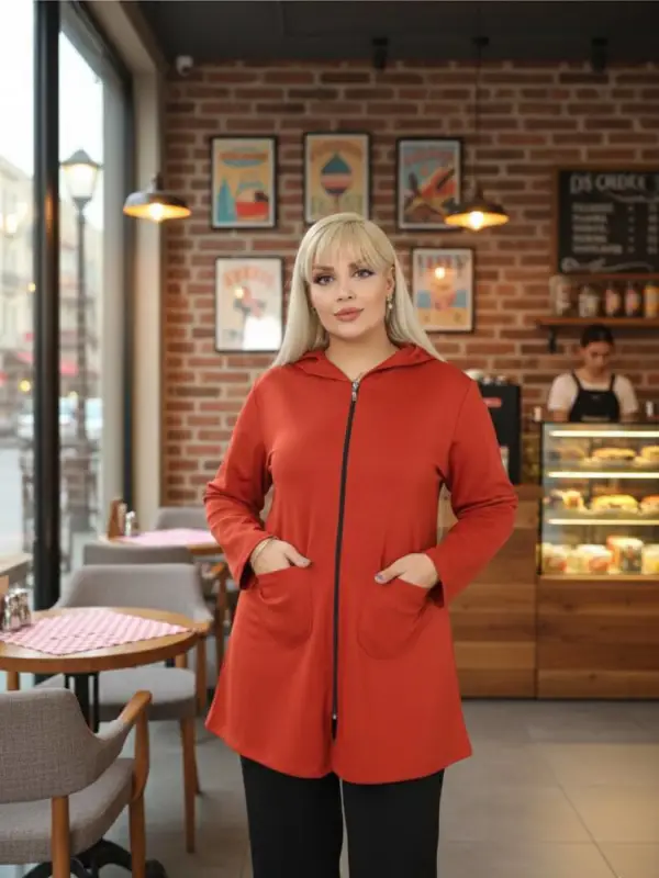 KADIN BÜYÜK BEDEN KAPŞONLU CEPLİ FERMUARLI LİKRALI ÇELİK HIRKA