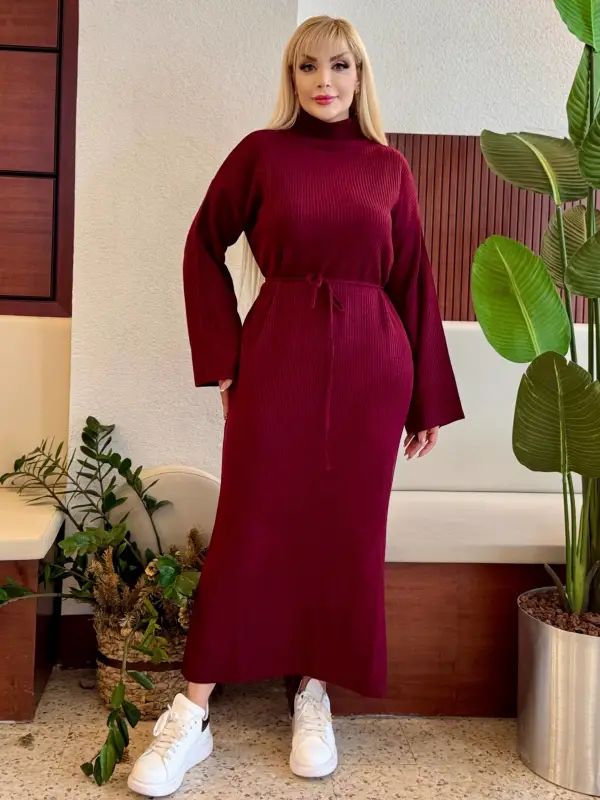 KADIN BÜYÜK BEDEN YARIM BALIKÇI YAKA, FİTİLLİ KUŞAKLI TRİKO ELBİSE