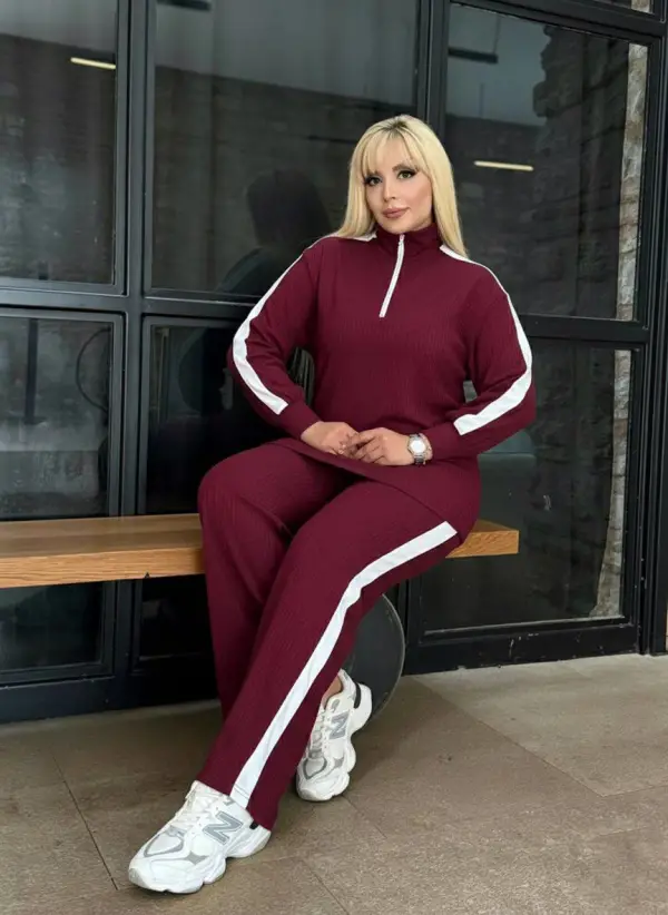 KADIN BÜYÜK BEDEN ŞERİTLİ YAKA FERMUARLI ESNEK PAMUK KAŞKORSE TAKIM