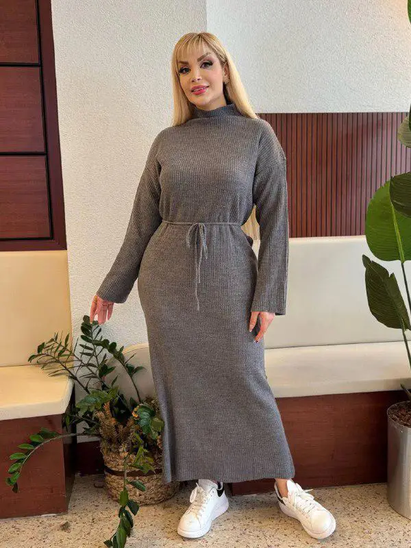 KADIN BÜYÜK BEDEN YARIM BALIKÇI YAKA, FİTİLLİ KUŞAKLI TRİKO ELBİSE