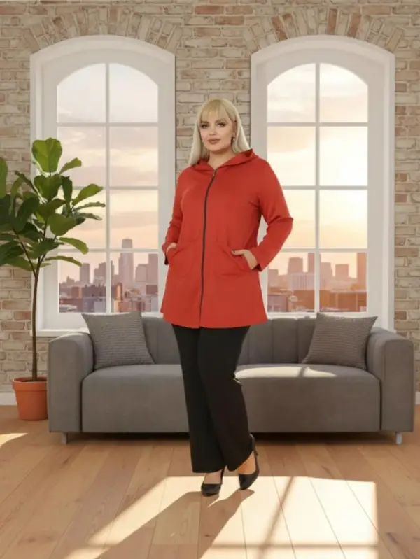 KADIN BÜYÜK BEDEN KAPŞONLU CEPLİ FERMUARLI LİKRALI ÇELİK HIRKA